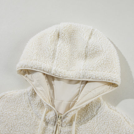 Beige Fleece Zip Up Drawstring Hooded Pocketed Jacket