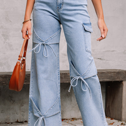 Beau Blue Bowknot Decor Boyfriend Cargo Jeans