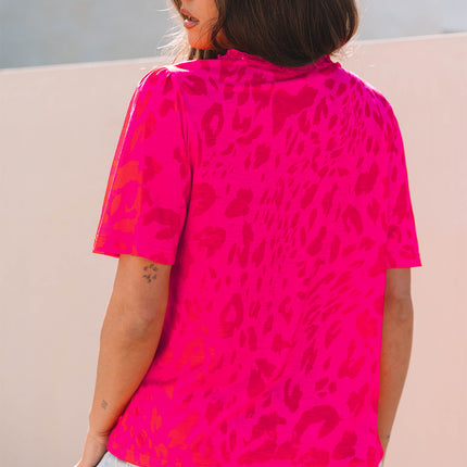 Rose Leopard Frilly V Neck Short Sleeve Blouse