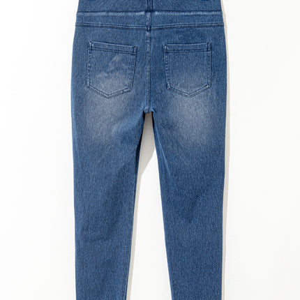 Navy Blue Skinny Elastic Waist Ankle Length Mid Waist Jeggings with Pockets