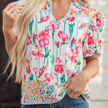 Pink Floral Print Striped Detail Split Neck Short Sleeve Blouse