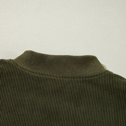 Mist Green Corduroy Fleece Patchwork Buttoned Bomber Jacket