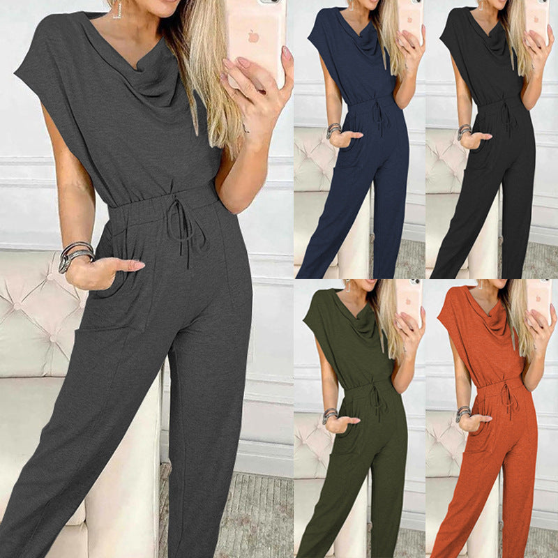 Waist-controlled Lace-up Casual Straight-leg Sleeveless Jumpsuit