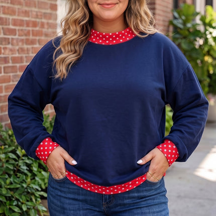 Orange Polka Dot Patchwork Round Neck Plus Size Sweatshirt