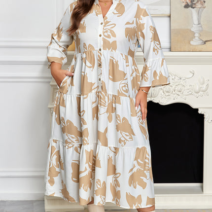 Khaki Patterned Ruffled Sleeve Half Placket Tiered A-line Plus Size Long Dress