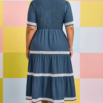 Dusk Blue Plus Size V Neck Swiss Dot Lace Patchwork Detail Flared Midi Dress
