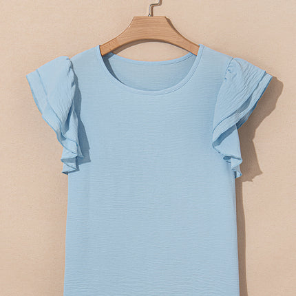 Mist Blue Solid Color Ruffled Short Sleeve Casual Blouse