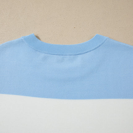 Sky Blue Stripe Colorblock Plus Size Short Sleeve Sweater