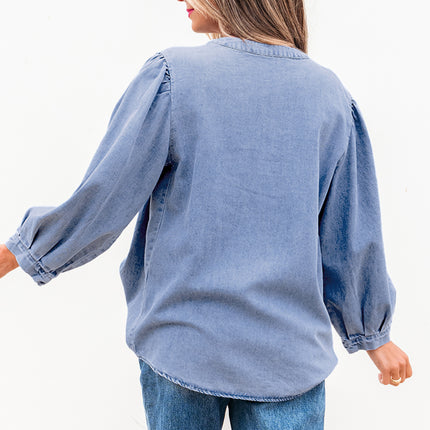 Myosotis Denim Front Pintuck Bow Tie Puff Sleeve Top