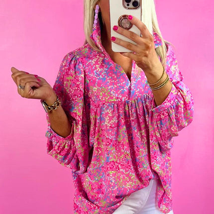 Bonbon Abstract Print Collared V Neck Babydoll Blouse