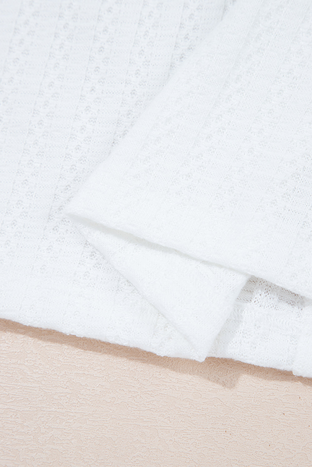 White Textured Hollow Grommet Placket Split Neck Short Sleeve Top