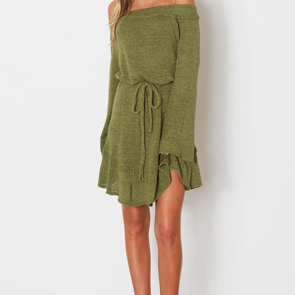 Off-Shoulder Lace-Up Sweater Dress For Women