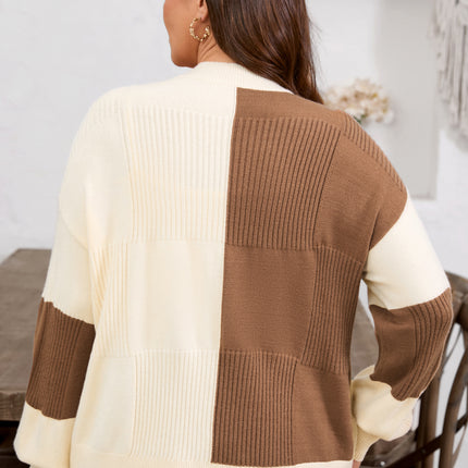 Khaki Checkered Ribbed Texture Knit Plus Size Cardigan Sweater