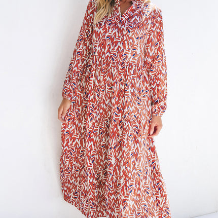 Orange Abstract Print V Neck Pleated High Waist Midi Dress