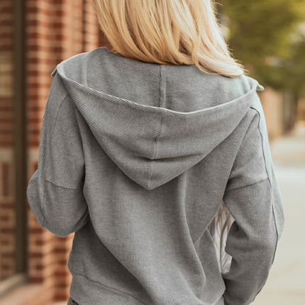 Gray Waffle Splicing Zip Up Front Button Hooded Jacket