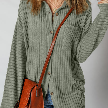Mist Green Thermal Ribbed Texture Drop Shoulder Button Up Shacket