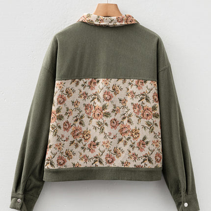 Sage Green Ribbed Retro Floral Patchwork Shirt Style Jacket