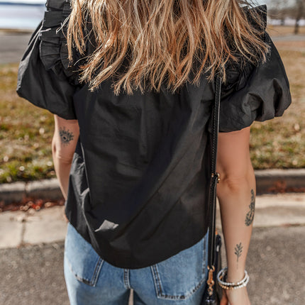 Black Ruffled Puff Short Sleeve Loose Blouse