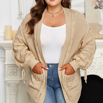 Parchment Cable Knit Braided Tie Sleeve Plus Size Open Cardigan