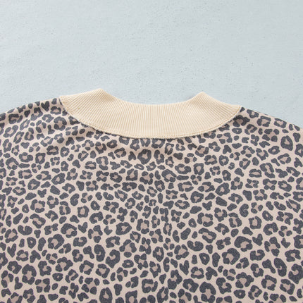 Multicolour Plus Size Leopard Print Ribbed Color Block Mock Neck Tunic Sweatshirt