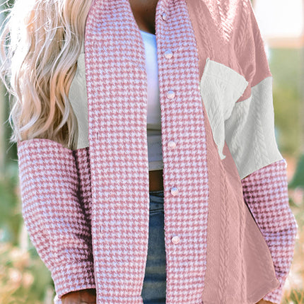 Pink Houndstooth Color Contrast Textured Patchwork Loose Shacket
