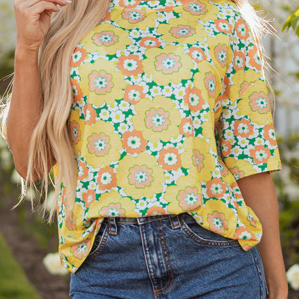 Yellow Summer Flower Printed Drop Shoulder Loose T Shirt