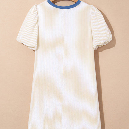 Beige Stripe Seersucker Contrast Round Neck Puff Sleeve T Shirt Dress