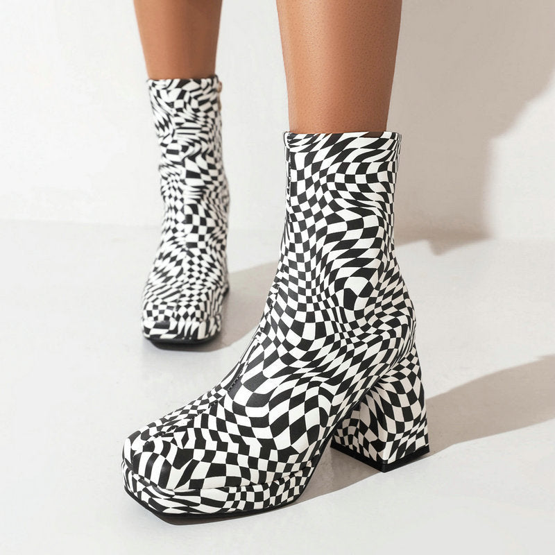 Square Toe Short Tube Women's Boots Printed Fabric