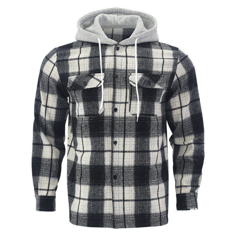 Loose Casual Flannel Jacquard Long Sleeve Hooded Plaid Shirt
