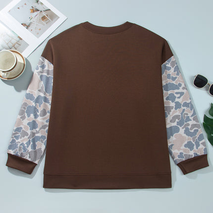 Coffee Mock Neck Camo Patchwork Drop Shoulder Plus Size Sweatshirt