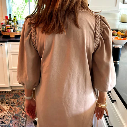 Light French Beige Braided Trim Puff Sleeve Dress
