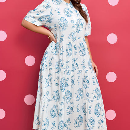 Sky Blue Plus Size Geometric Floral Print Button Split Neck Short Sleeve Maxi Dress