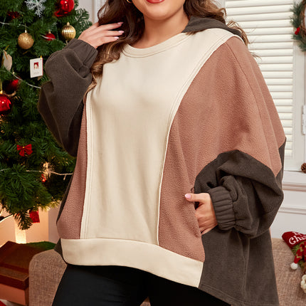 Brown Exposed Seam Colorblock Plus Size Hoodie