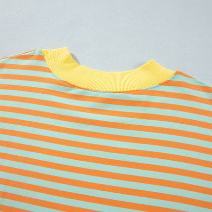 Orange Stripe High Neck Striped Colorblock Tunic Plus Size Sweatshirt