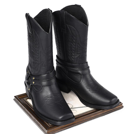 Men's Casual High Heel Leather Boots Large Size Simple Retro
