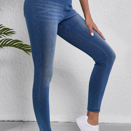 Navy Blue Skinny Elastic Waist Ankle Length Mid Waist Jeggings with Pockets