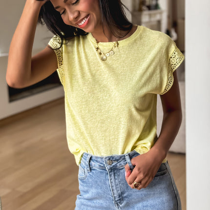 Yellow Cream Lace Patchwork Cap Sleeve Round Neck T Shirt