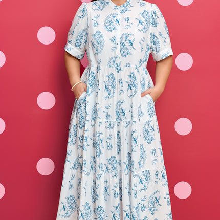 Sky Blue Plus Size Geometric Floral Print Button Split Neck Short Sleeve Maxi Dress