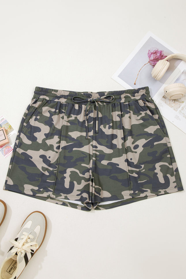 Green Tie Elastic Waist Pocketed Plus Size Camo Shorts