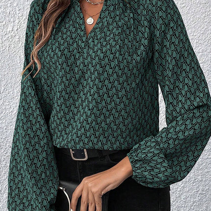 Green Geometric Print Notched Neck Puff Sleeve Blouse