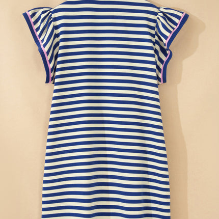 Dark Blue Striped Shift Dress Colorblock V Neck Short Sleeve Casual Summer