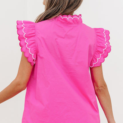 Bright Pink Contrast Scallop Trim Layered Short Sleeve V Neck Blouse