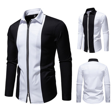 Color Block Zipper Design Plus Size Long Sleeve Shirt