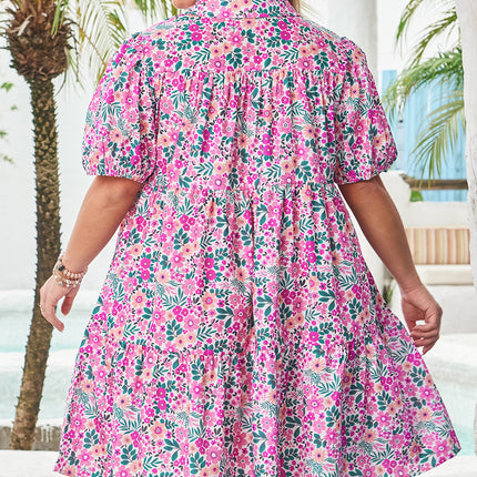 Pink Plus Size Floral Half Button Short Puff Sleeve A-line Dress