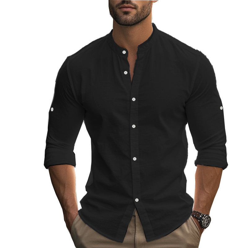 Men's Long Sleeve Standing Collar Slim Fit Casual Cotton Shirt