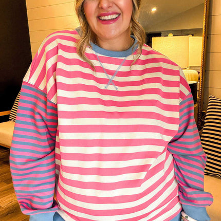 Pink Stripe Colorblock Striped Crewneck Long Sleeve Shift Tunic Plus Size Sweatshirt