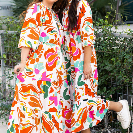 Orange Floral Print Drawstring V Neck Tiered Plus Size Dress