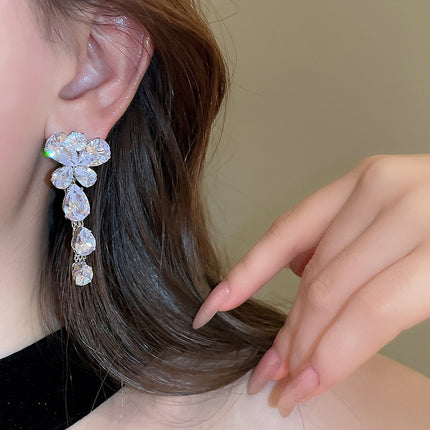Silver Needle Zircon Butterfly Tassel Earrings And Necklace Set