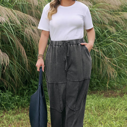 Black Plus Size Mineral Wash Exposed Seam Patchwork Drawstring Loose Pants