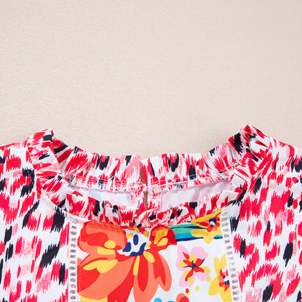 Red Floral Mixed Print Ruffle Cap Sleeve Blouse